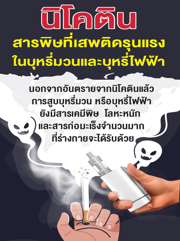 แผ่นพับนิโคตินสารพิษที่เสพติดรุนแรงในบุหรี่มวนและบุหรี่ไฟฟ้า